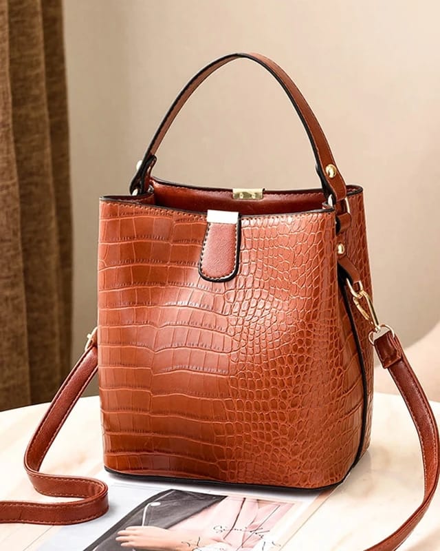 Croc-Embossed Structured Bucket Handbag | Elegant Top Handle & Crossbody Bag