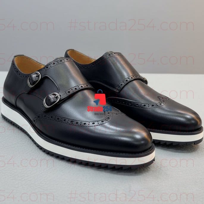 Men’s Leather Double Monk Strap Dress Shoes – Classic Formal Slip-On