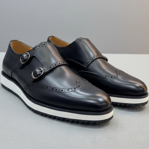 Men’s Leather Double Monk Strap Dress Shoes – Classic Formal Slip-On