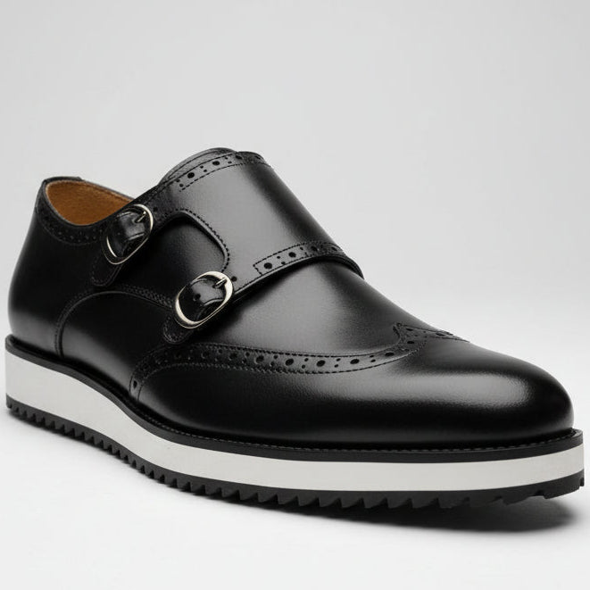 Men’s Double Monk Strap Leather Shoes – Classic Wingtip Formal Dress Shoes
