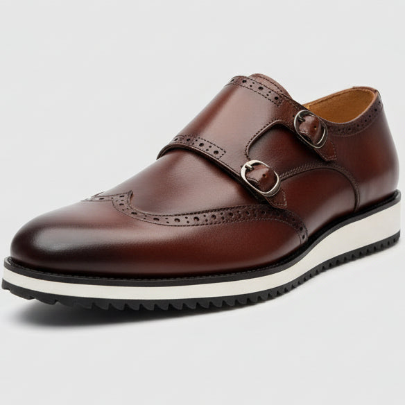 Men’s Double Monk Strap Leather Shoes – Classic Wingtip Formal Dress Shoes