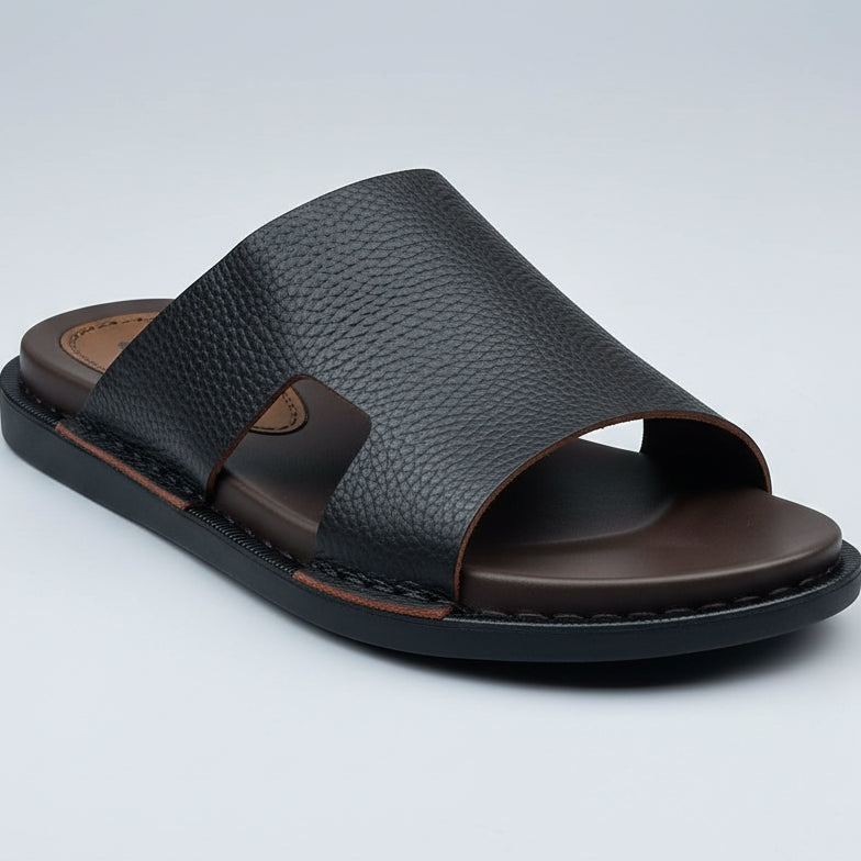 Men’s Premium Leather Slide Sandals – Comfortable Casual Open Toe Slippers (Brown / Dark Brown)