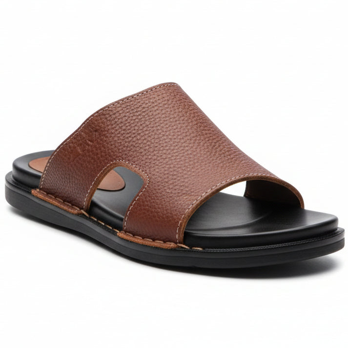 Men’s Premium Leather Slide Sandals – Comfortable Casual Open Toe Slippers (Brown / Dark Brown)