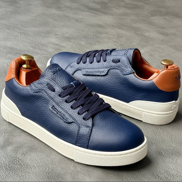 Premium Navy Blue Leather Casual Sneakers – Luxury Lace-Up Lifestyle Shoes with Contrast Tan Heel Accent