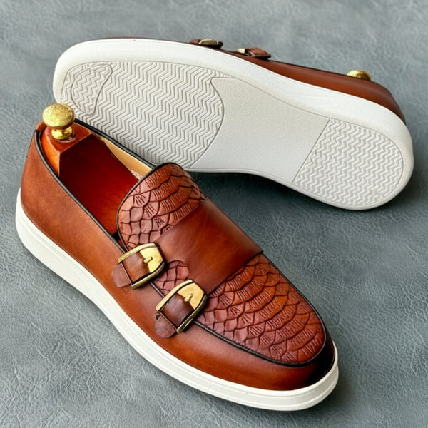 Luxury Double Monk Strap Leather Slip-On Sneakers – Crocodile Embossed Casual Dress Shoes | Black, Brown & Cognac_DPA