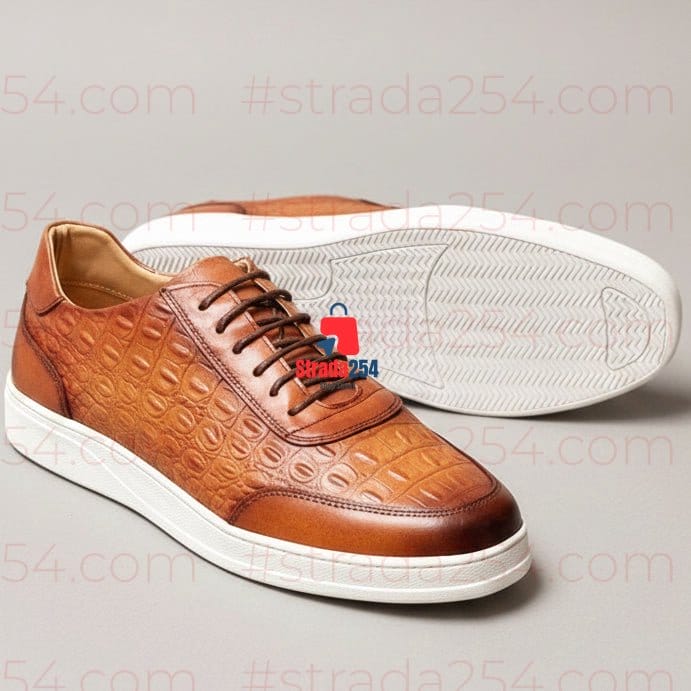 Premium Crocodile-Embossed Leather Casual Sneakers – Luxury Lace-Up Fashion Shoes | Black & Cognac Brown_DPA