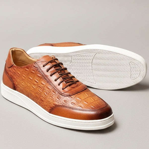 Premium Crocodile-Embossed Leather Casual Sneakers – Luxury Lace-Up Fashion Shoes | Black & Cognac Brown_DPA