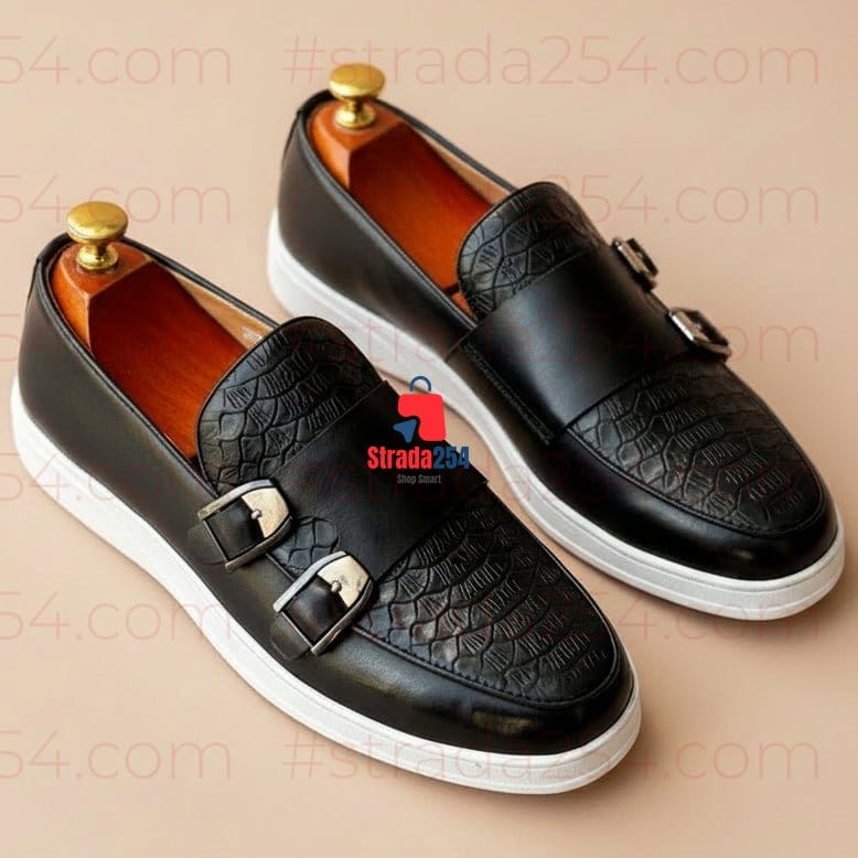 Luxury Double Monk Strap Leather Slip-On Sneakers – Crocodile Embossed Casual Dress Shoes | Black, Brown & Cognac_DPA