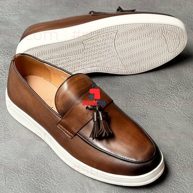 Premium Tassel Loafer Leather Sneakers – Elegant Slip-On Casual Dress Shoes | Brown & Cognac_DPA