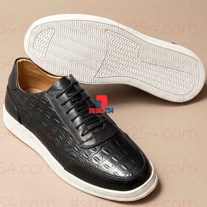 Premium Crocodile-Embossed Leather Casual Sneakers – Luxury Lace-Up Fashion Shoes | Black & Cognac Brown_DPA