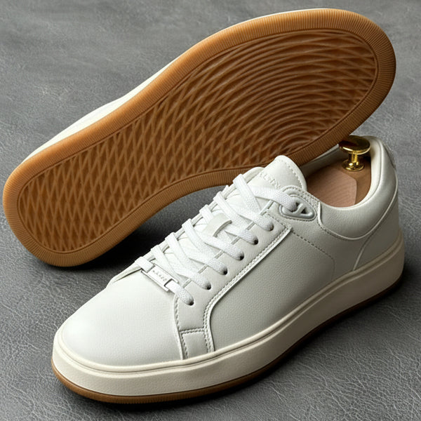 Minimalist Premium Leather Sneakers – Classic White Casual Shoes with Gum Sole | Smart Casual Everyday Footwear_DPA