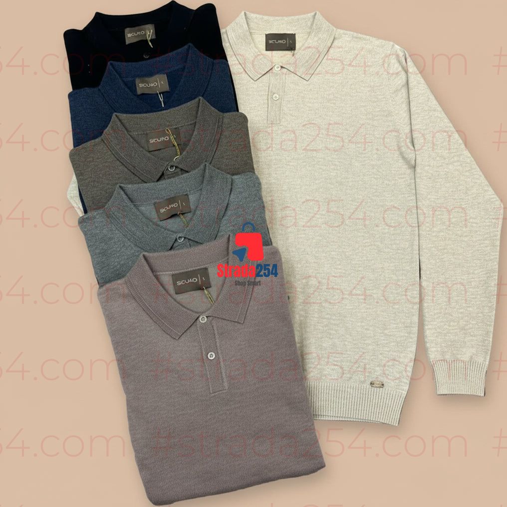 Men’s Long Sleeve Knit Polo Sweater – Smart Casual Pullover_slm