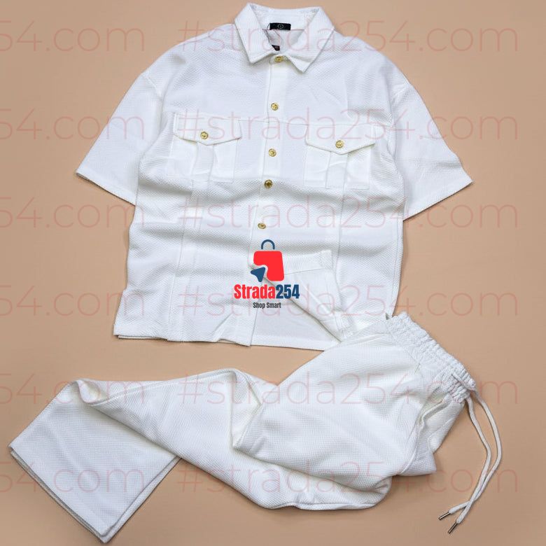 Men’s Textured 2-Piece Co-Ord Set – Short Sleeve Utility Shirt & Trousers_at