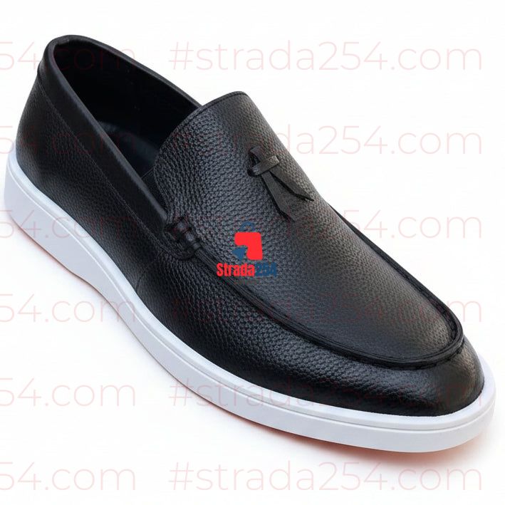 Men’s Black Textured Slip-On Loafers with White Sole - JN