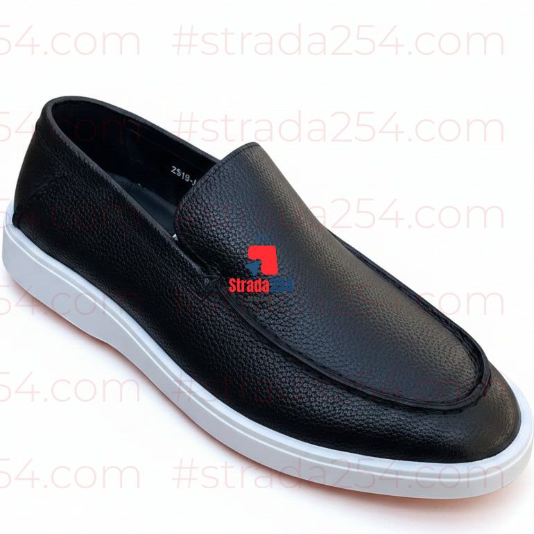 Men’s Black Textured Slip-On Loafers with White Sole - JN