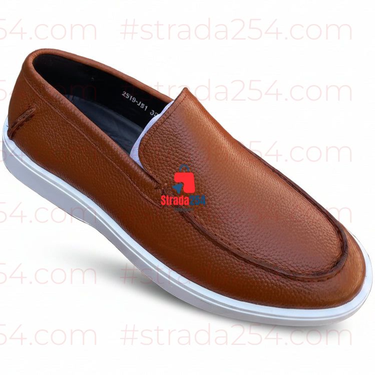 Men’s Black Textured Slip-On Loafers with White Sole - JN