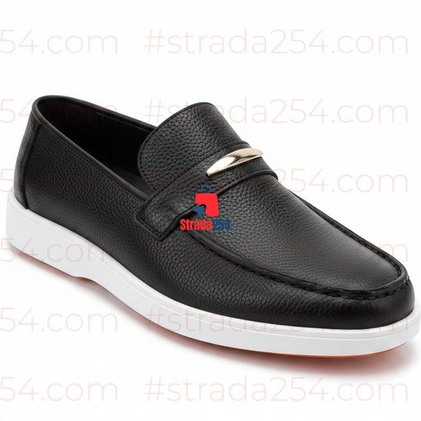 Men’s Black Textured Slip-On Loafers with White Sole - JN