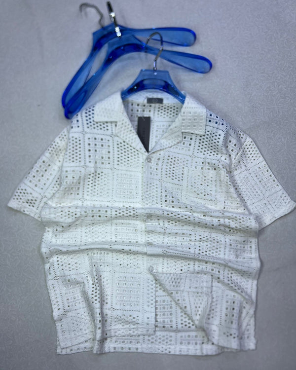 Stylish Casual Button-Up - Textured Lace Short-Sleeve Shirt