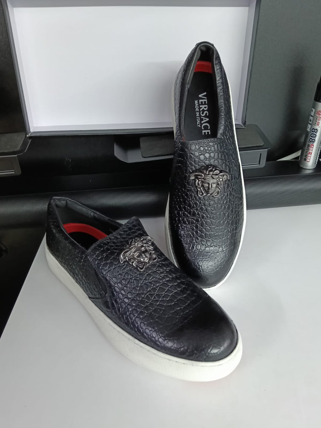 Men’s Black Croc-Texture Slip-On Sneakers