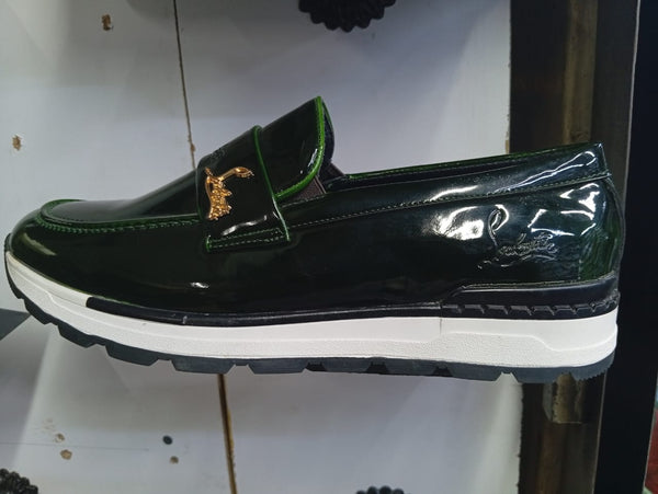 C L Glossy Green Loafers – Gold Panther Detail | Luxury Men’s Slip-On