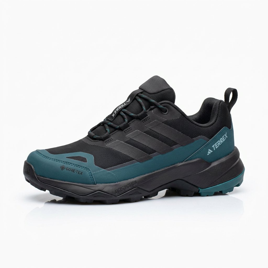 Black and teal trail-style lace-up sneaker with chunky black sole on white