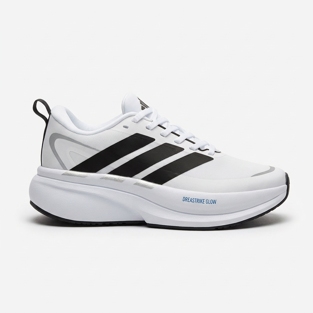 White lace-up sneaker with black side stripes and white sole on white background