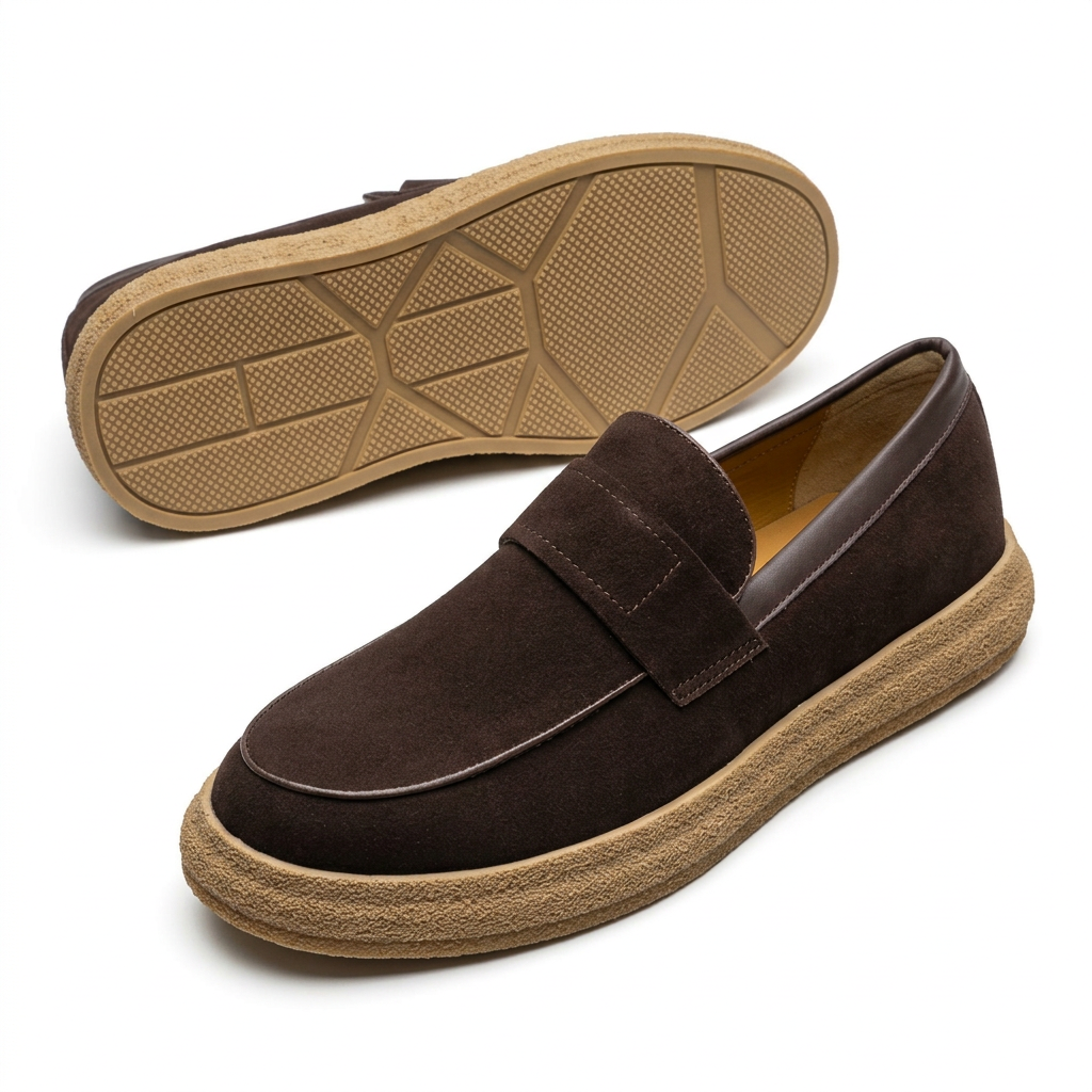 Dark brown slip-on loafer with tan textured sole and outsole view on white