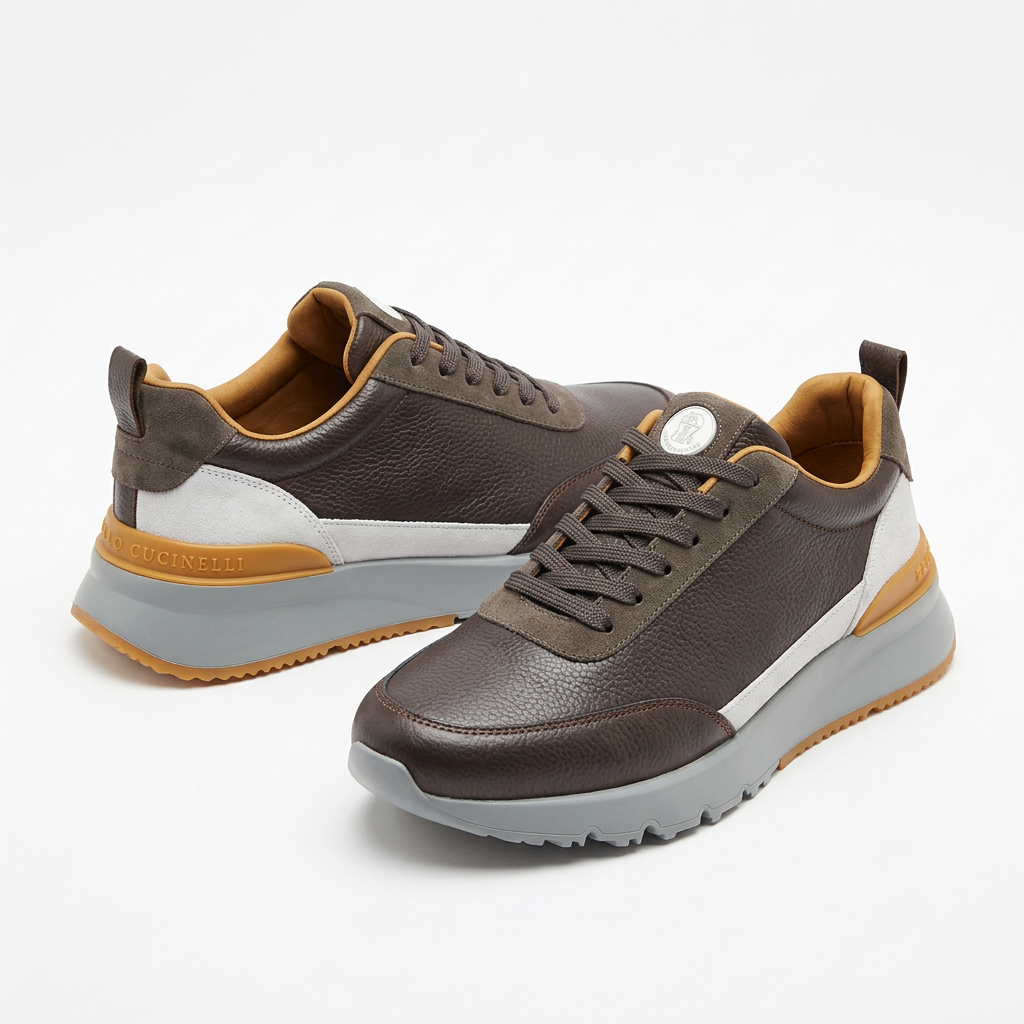 Brown lace-up sneakers with light grey soles and mustard heel accents on white