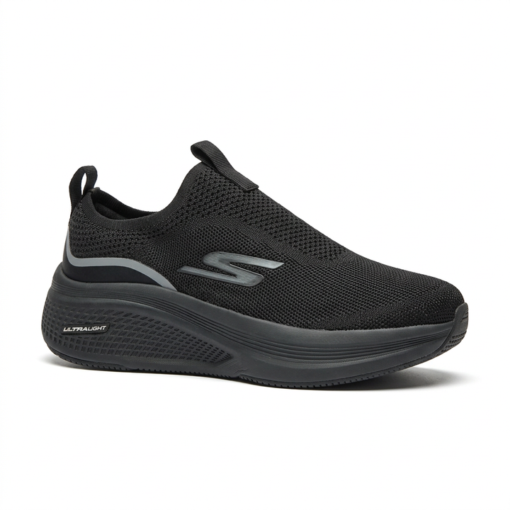Black knit slip-on sneaker with silver-tone side emblem and chunky dark sole on white background