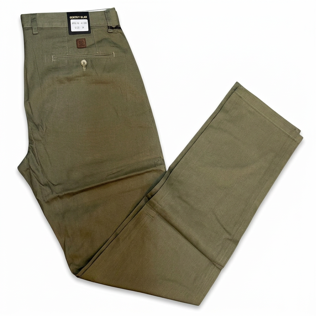 Muted olive men's khaki trousers on white