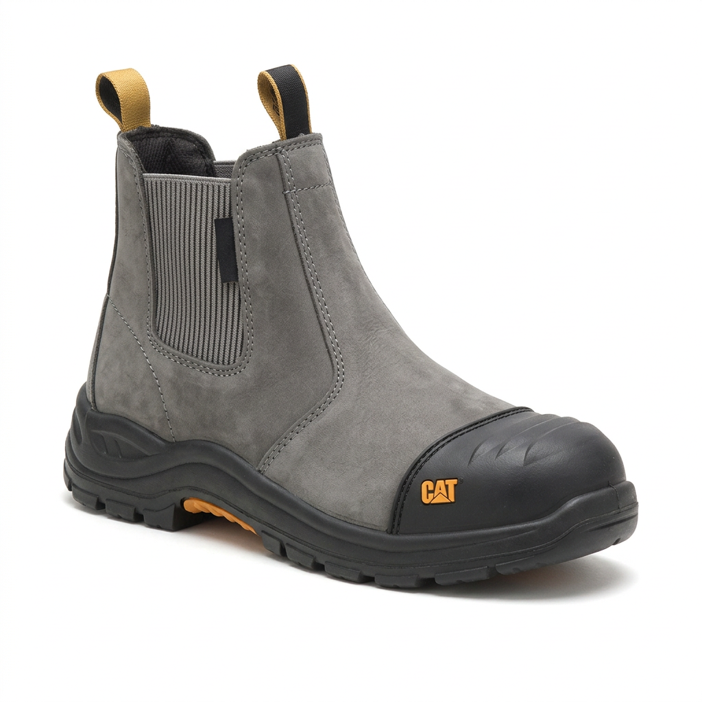 Grey Chelsea-style ankle boot with elastic side panel, black toe overlay and chunky black sole on white