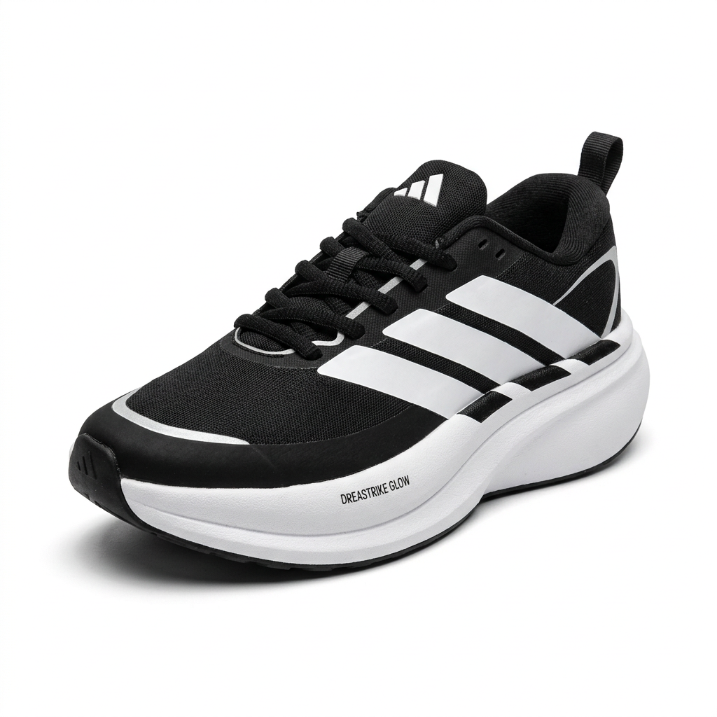 Black lace-up sneaker with white side stripes and white sole on white background