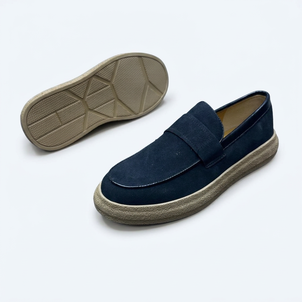 Navy slip-on loafer with tan textured sole and outsole view on white