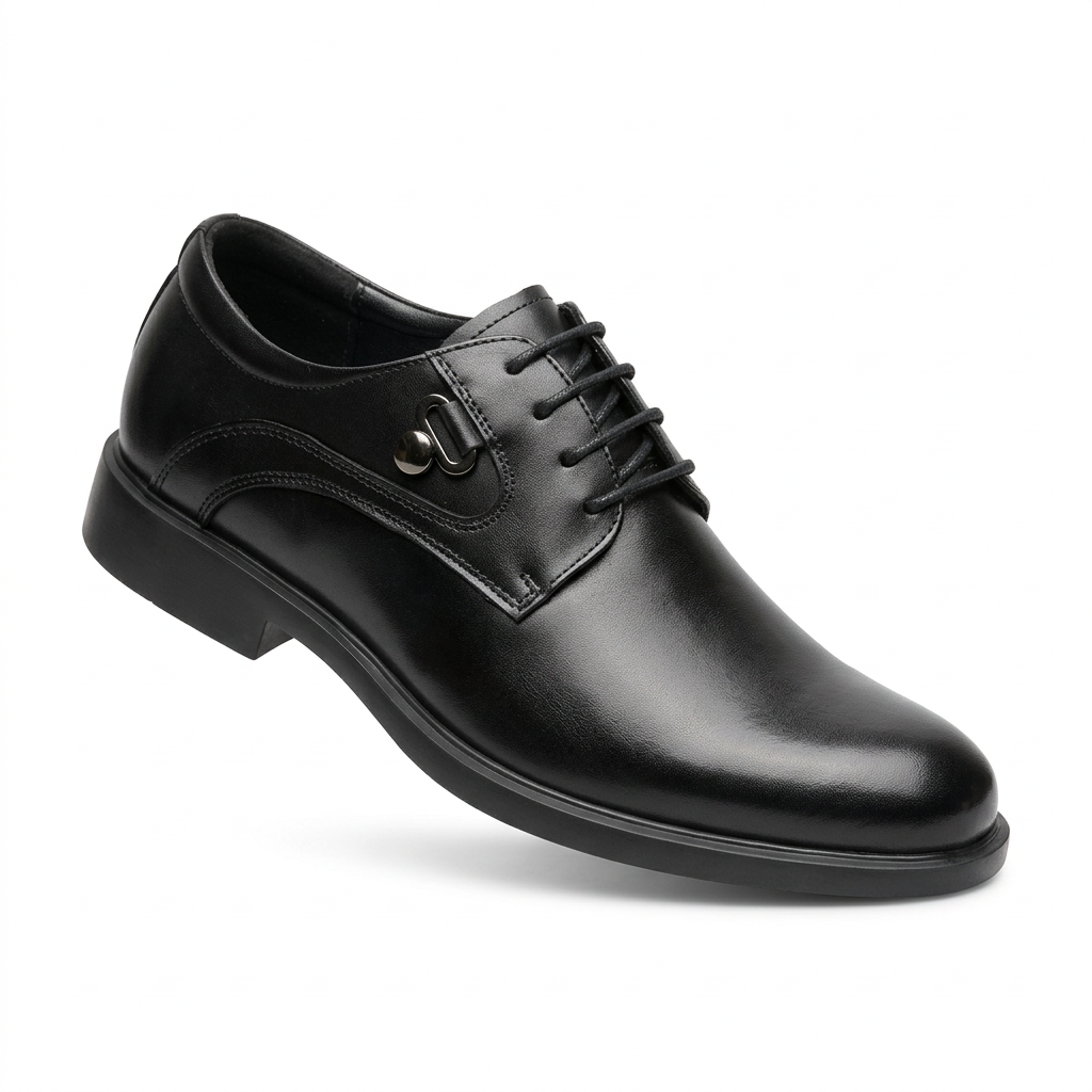 Black formal lace-up shoe with metal side accent and low heel on white