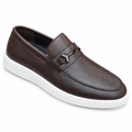 Brown textured slip-on loafer with metal bit and white sole on white background