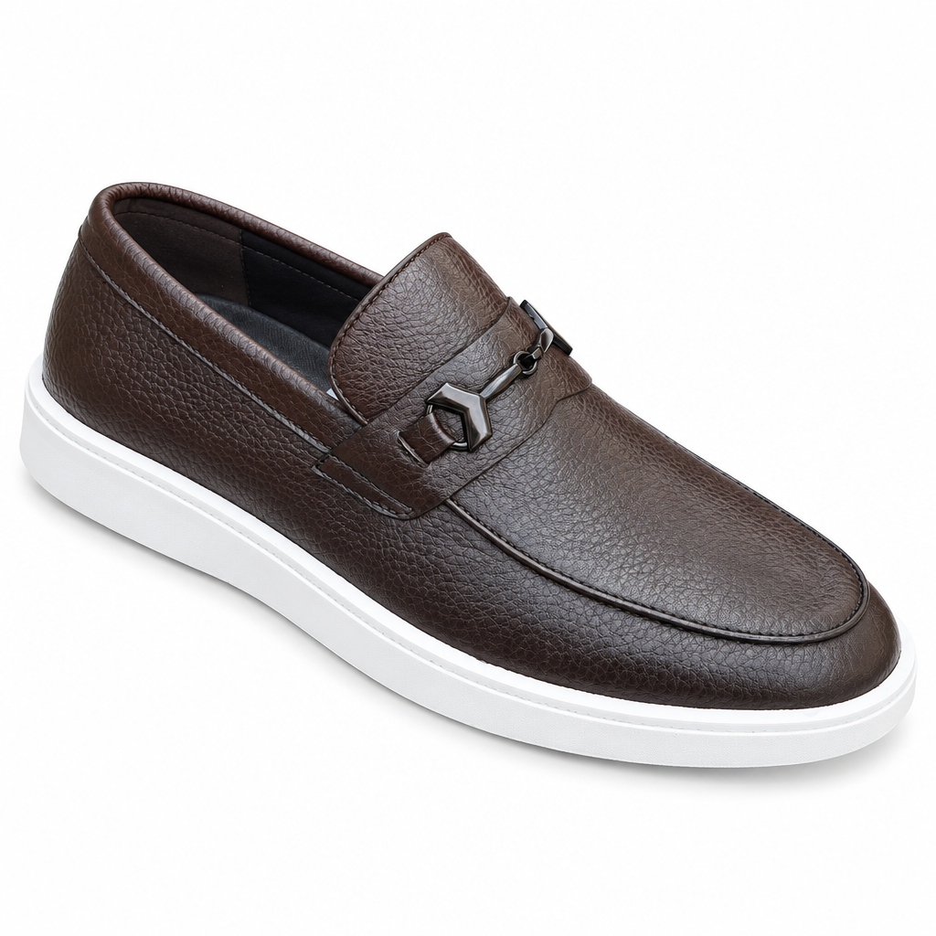 Brown textured slip-on loafer with metal bit and white sole on white background