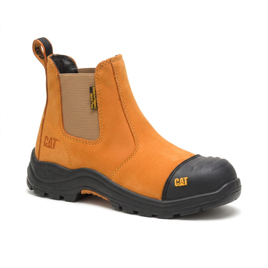 Tan-orange Chelsea-style ankle boot with elastic side panel and chunky black sole on white