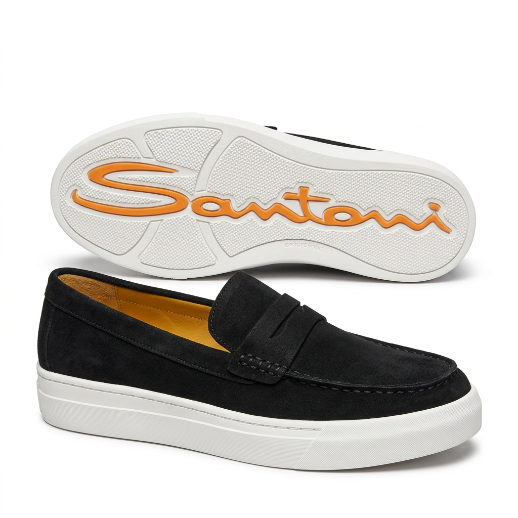 Black penny loafer with white sole and matching outsole view on white