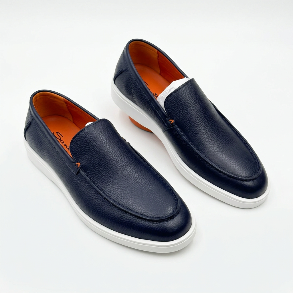 Navy textured slip-on loafers with white sole edges and orange lining on white