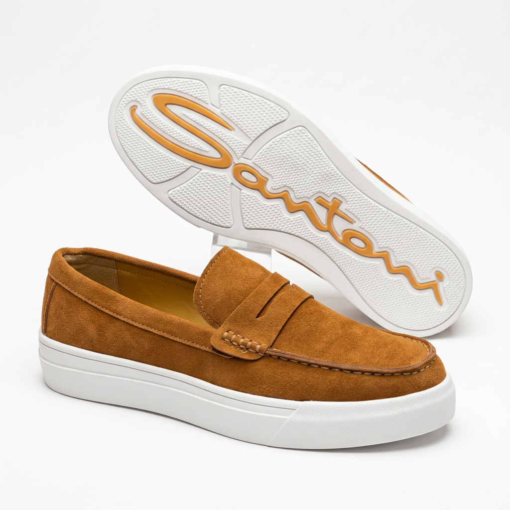 Mustard penny loafer with white sole and matching outsole view on white