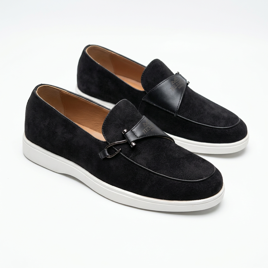 Black slip-on loafers with metal-loop detail and white soles on white