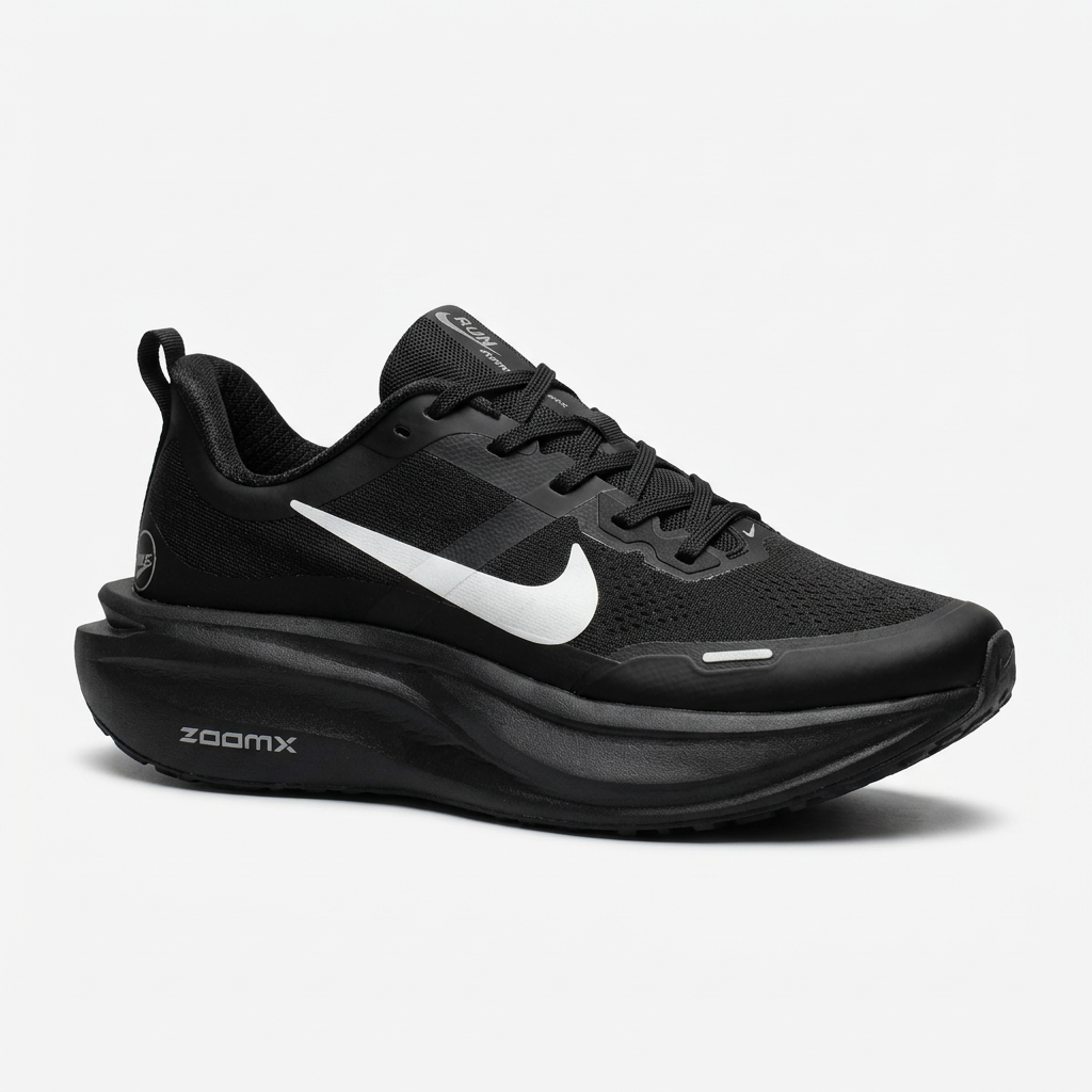 Black lace-up sneaker with white side detail and black sole on white background