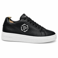 Black lace-up low-top sneaker with side emblem and thick white sole on white background