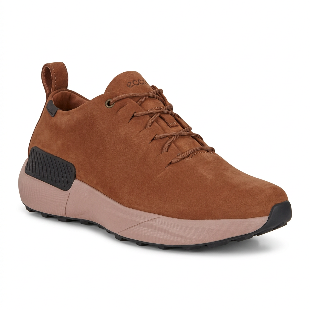 Tan lace-up casual shoe with contrast sole and rear pull loop on white background