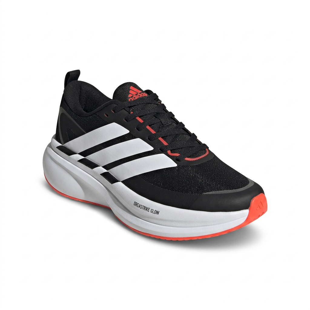 Black sneaker with white stripes, red accents and white sole on white background