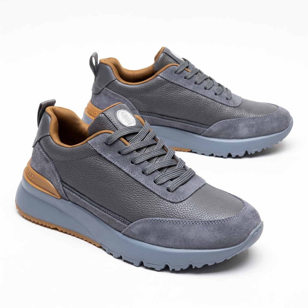 Grey lace-up sneakers with grey soles and tan heel accents on white