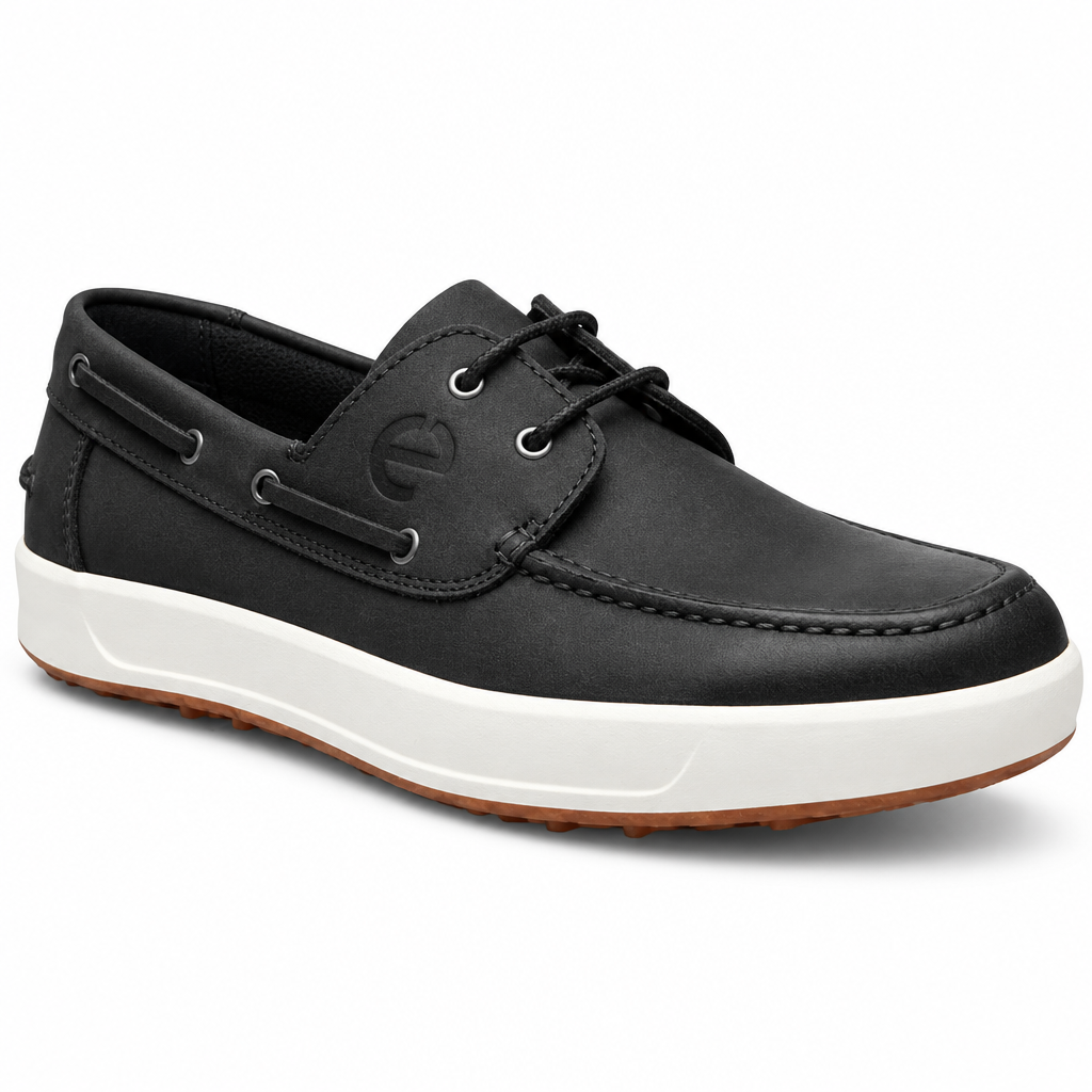Black moc-toe boat-style lace-up shoe with white sole, side view facing right