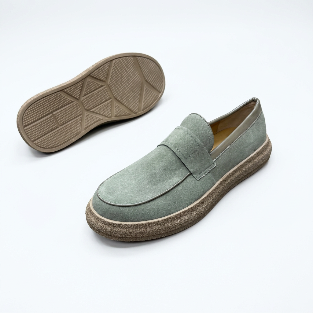 Sage green slip-on loafer with tan textured sole and outsole view on white