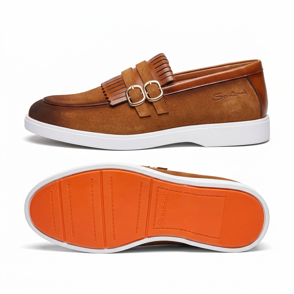 Tan double-buckle fringe loafer with white sole and orange outsole view on white