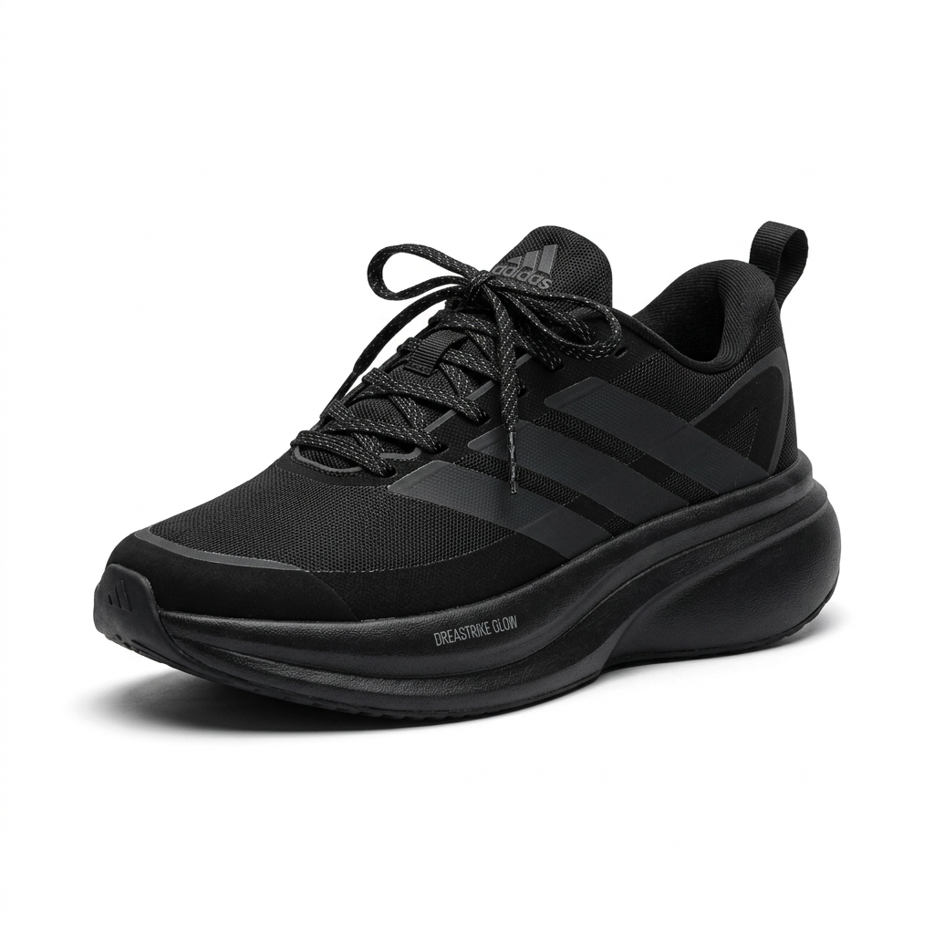 All-black lace-up sneaker with dark side stripes on white background